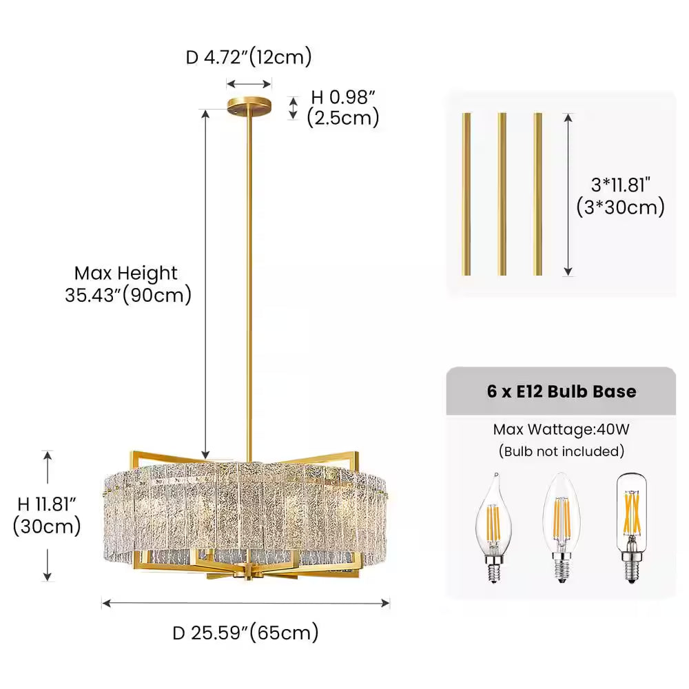 6-Light Gold 25.6In Modern Glass Shade Chandelier for Dining Room