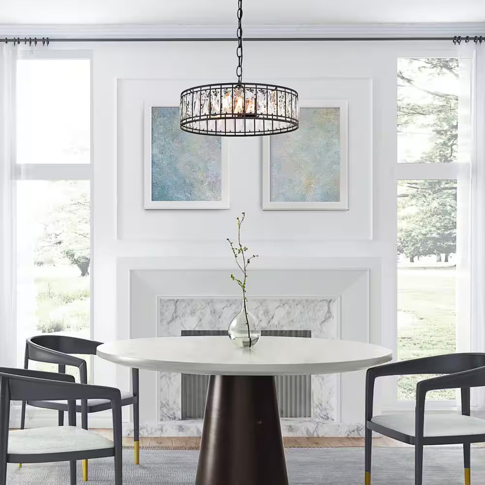 Cristallo 15.5 in 3-Light Modern Black Chandelier with Glam Crystal Shade Transitional Empire Dining Room Island Pendant