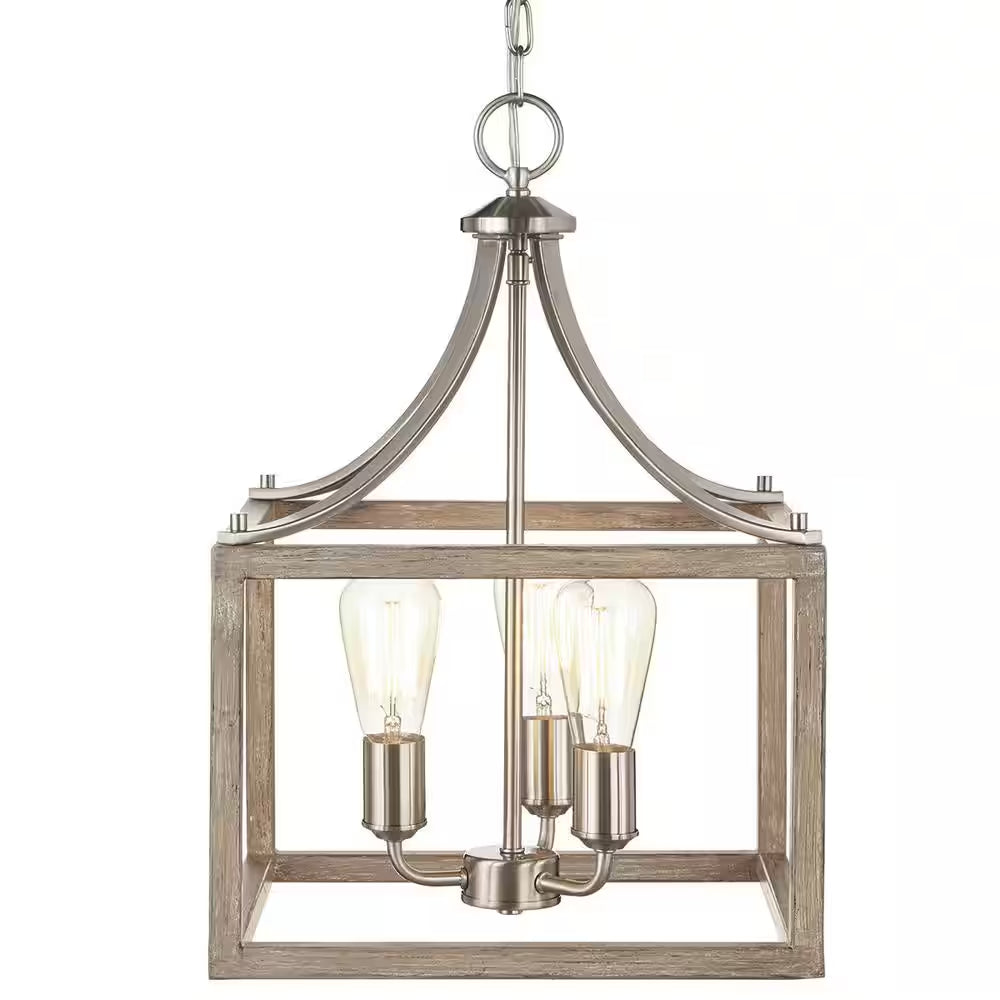 Boswell Quarter 14 In. 3-Light Brushed Nickel Farmhouse Square Chandelier with Painted Weathered Gray Wood Accents