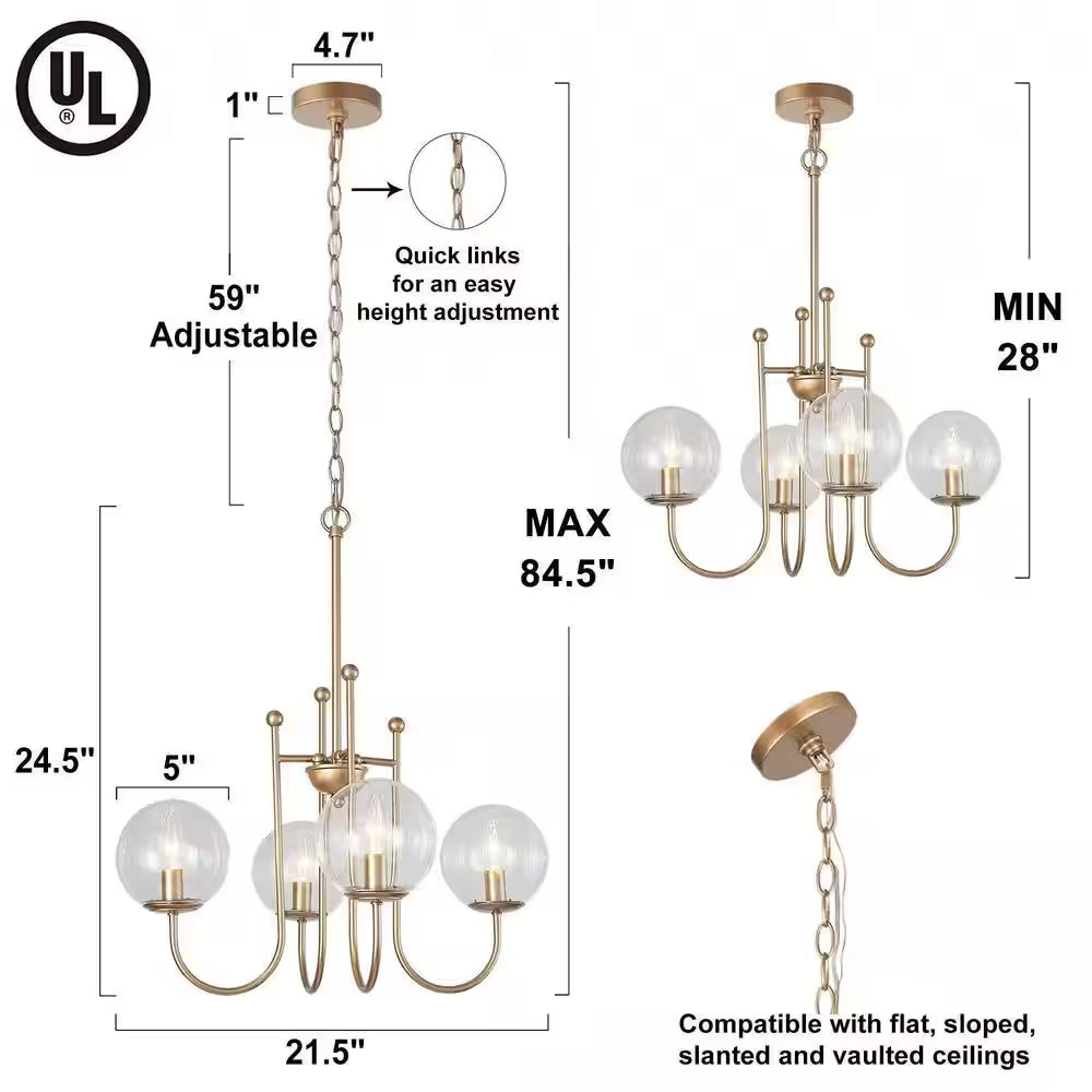 Modern Gold Sputnik Kitchen Island Chandelier Transitional 4-Light Brass Globe Kitchen Light with Clear Glass Shade