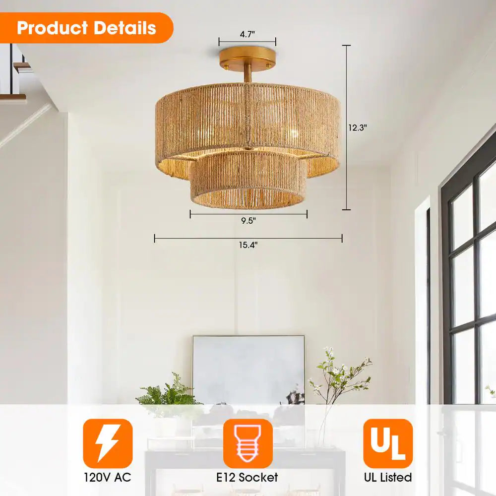 15.4 In. 3-Light Bohemian Antique Gold Two-Tier Drum Semi- Flush Mount with Natural Jute Rope Shade