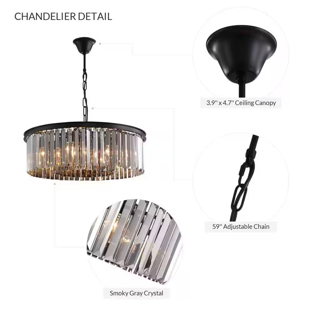 22 In. 6-Light Black Farmhouse Pendant Light Fixtures Crystal Drum Chandelier Dining Room Pendant Lighting