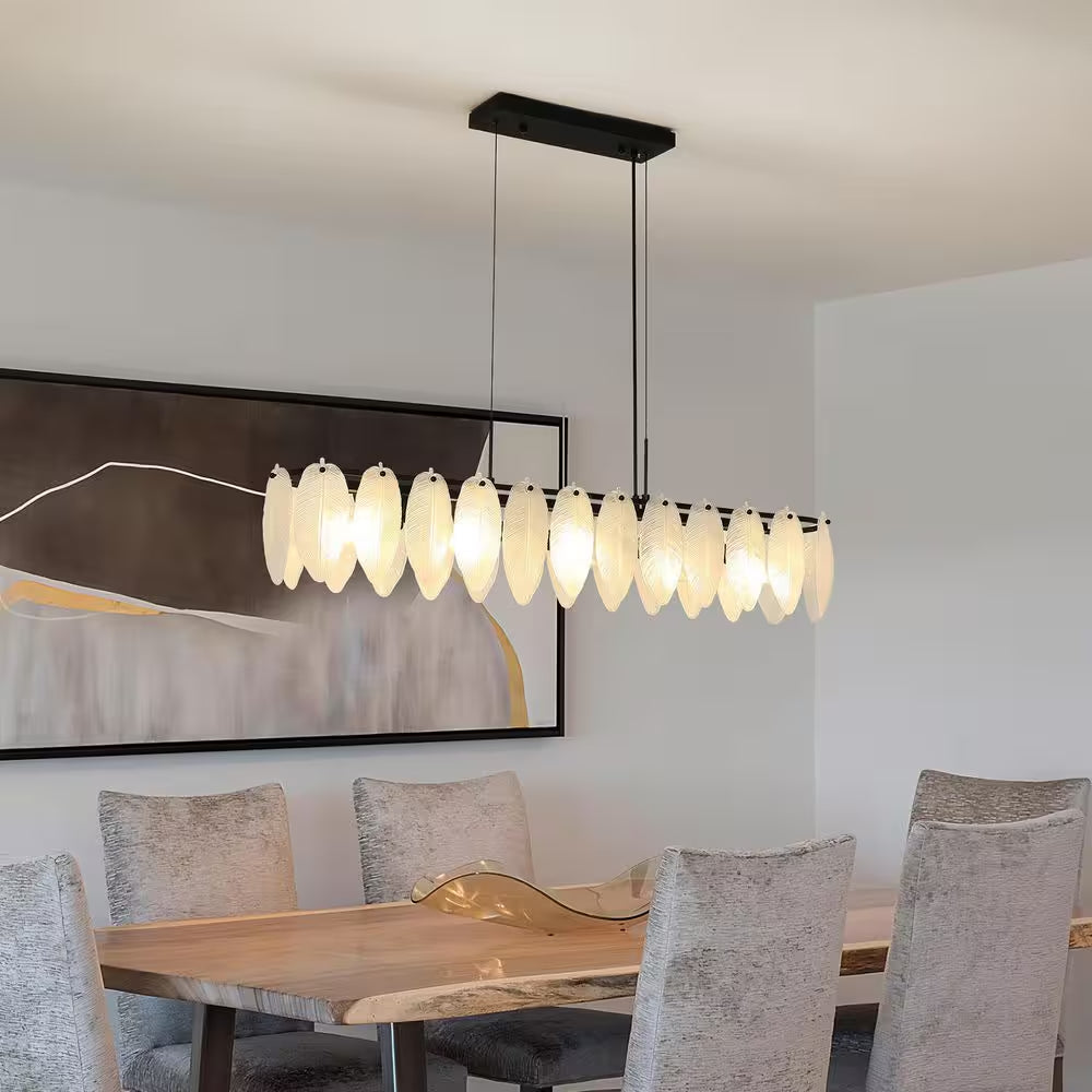5-Light Black and Frosted Glass Leaf Linear Chandelier for Kitchen Island Dining Bedroom Living Room Foyer