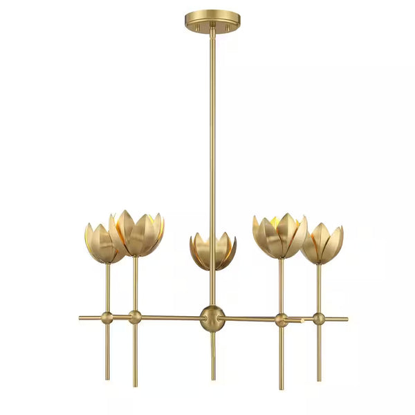 Meridian 26 In. W X 14 In. H 5-Light Natural Brass Bohemian Chandelier with Metal Shades