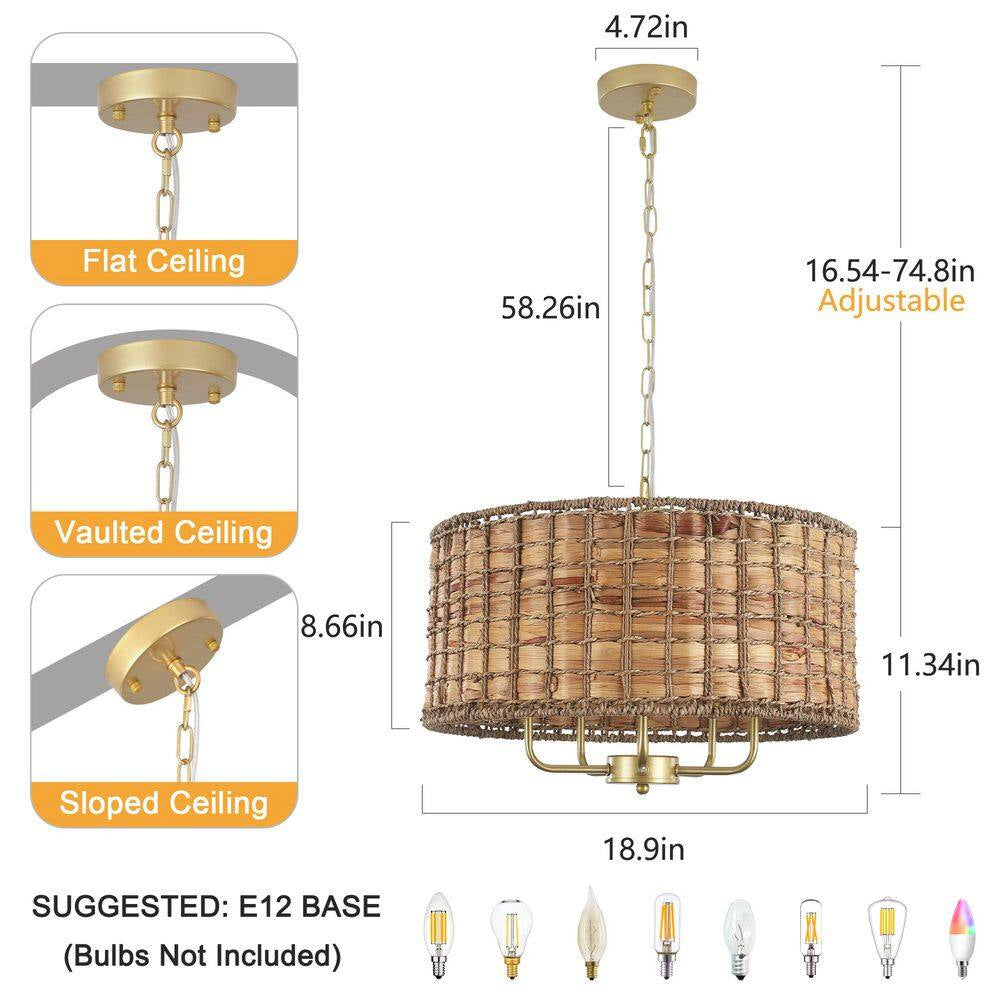 5-Light Gold Drum Bohemian Chandelier with Hand Woven Shade