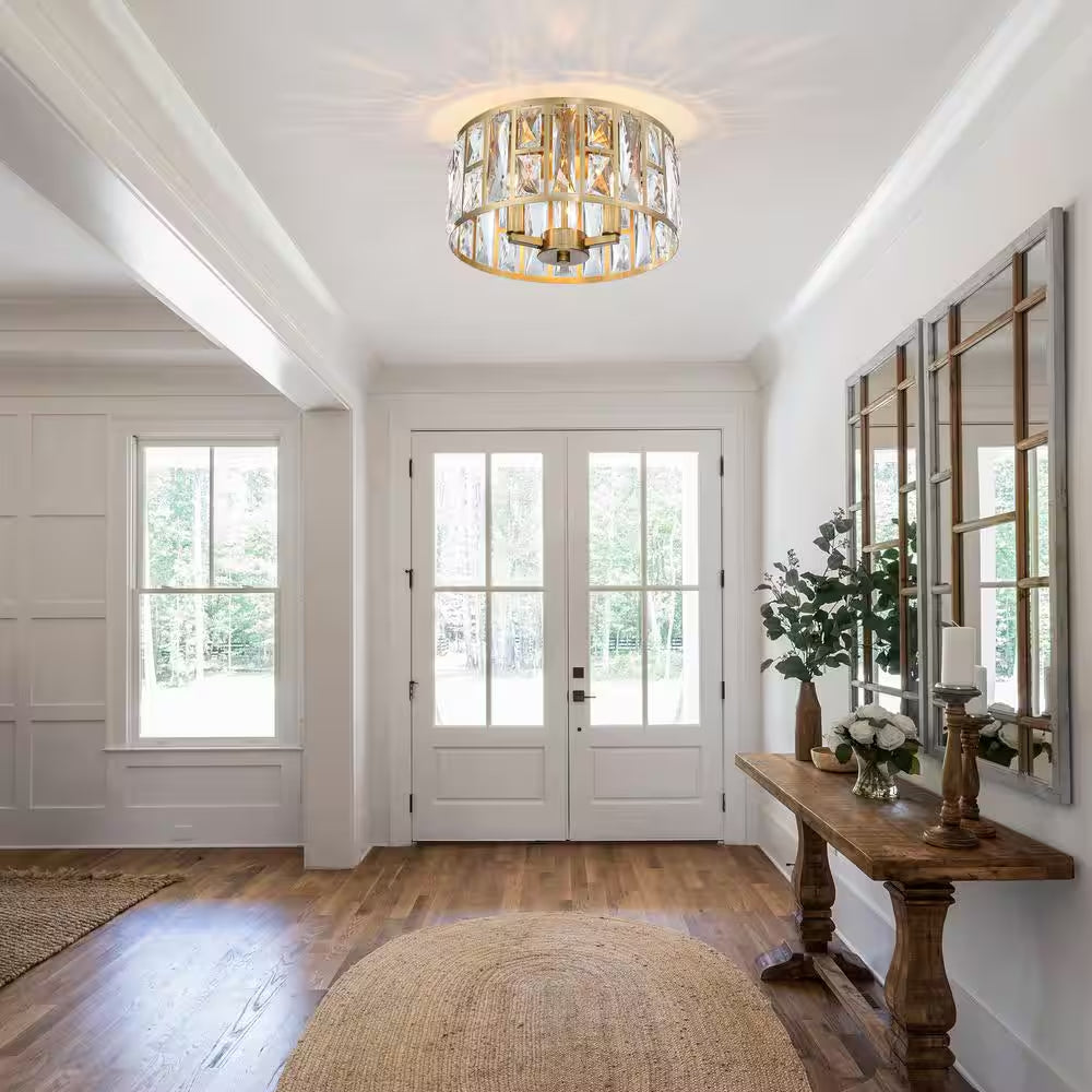 12 In. 3-Light round Modern Gold Drum Flush Mount Ceiling Light with Clear Crystal Shade