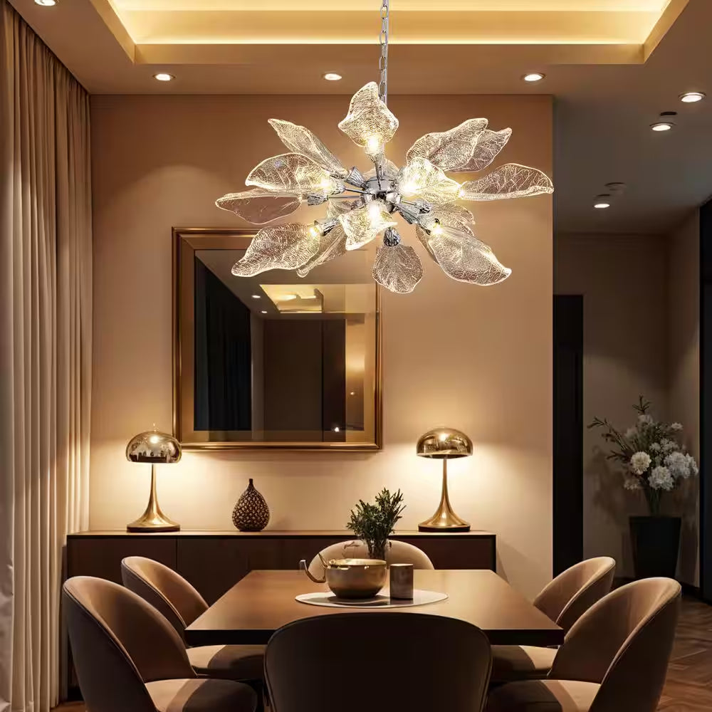 D31.5 In. 18-Light Silver Modern Chandelier, Crystal Leaf Chandelier for Bedroom, Dining Room, Living Room, Foyer