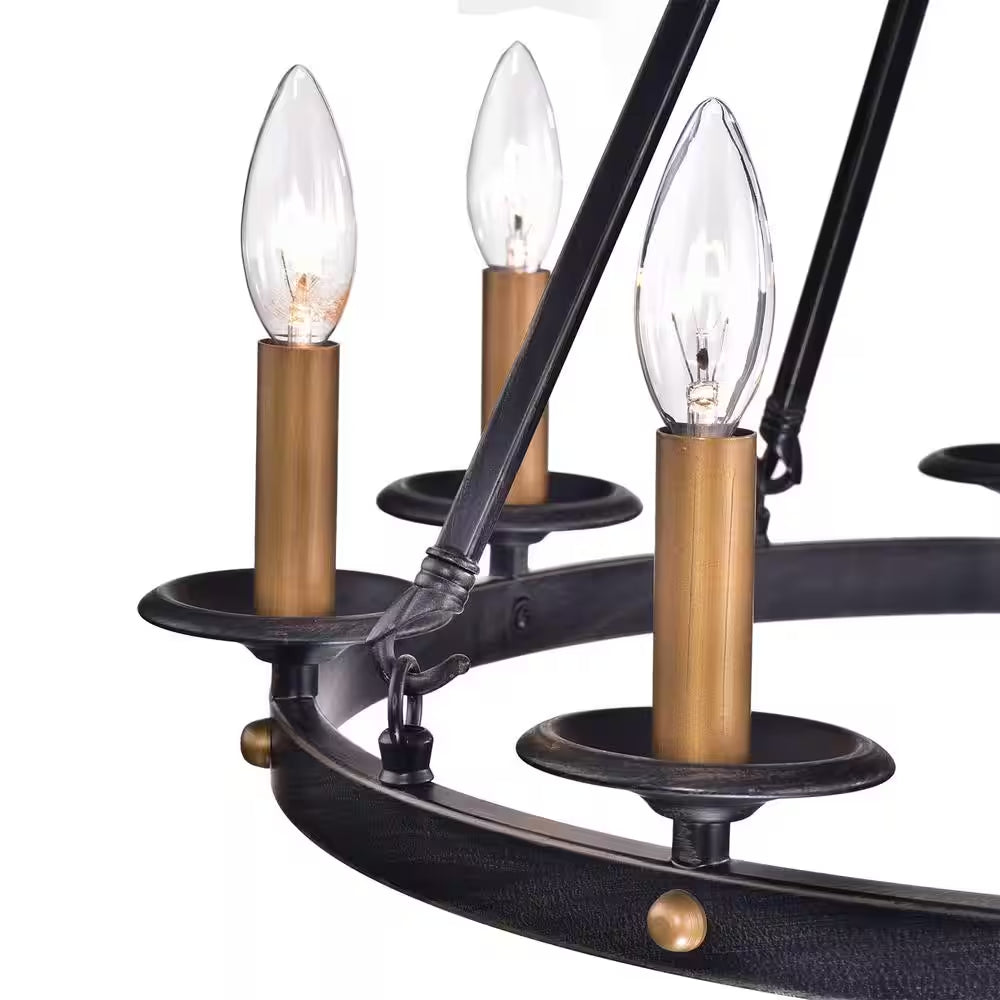 Hartwell 6-Light Antique Black Modern Farmhouse round Candlestick Chandelier with Brass Candle Sleeves