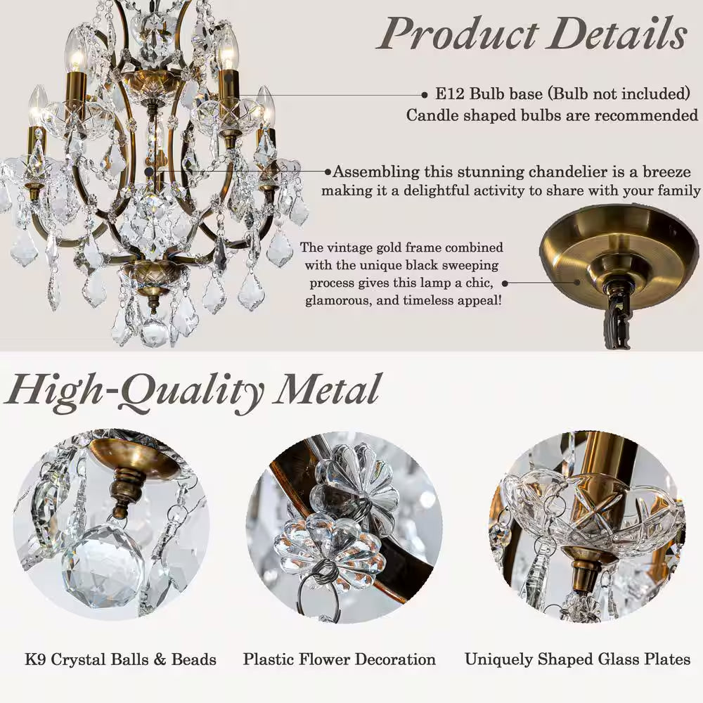 18 In. 5-Light Antique Gold Classic/Traditional Crystal Chandelier Glam Lighting Fixture