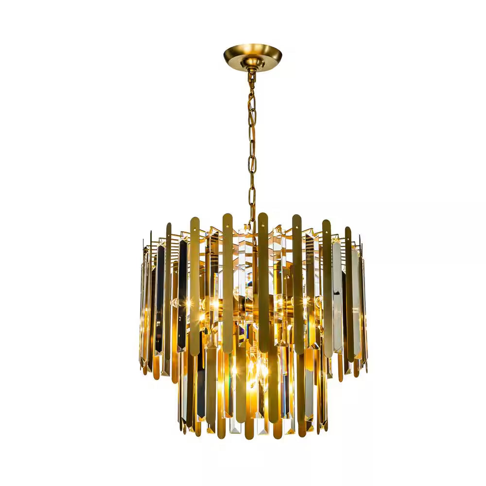 10-Light 19.7 In. Modern Contemporary Gold Stainless Steel Tiered Crystal Chandelier