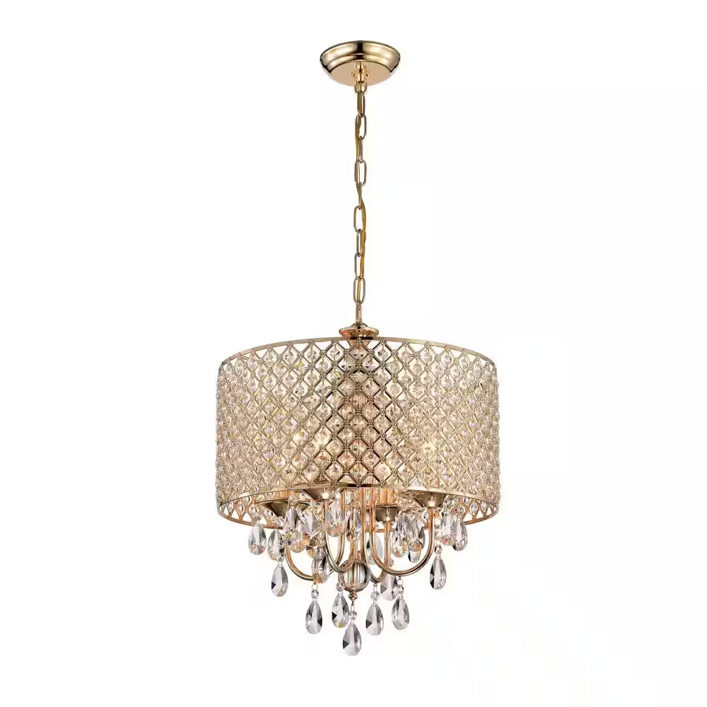 Marya 4-Light Modern Gold round Chandelier with Beaded Drum Shade /Hanging Clear Glass Crystals