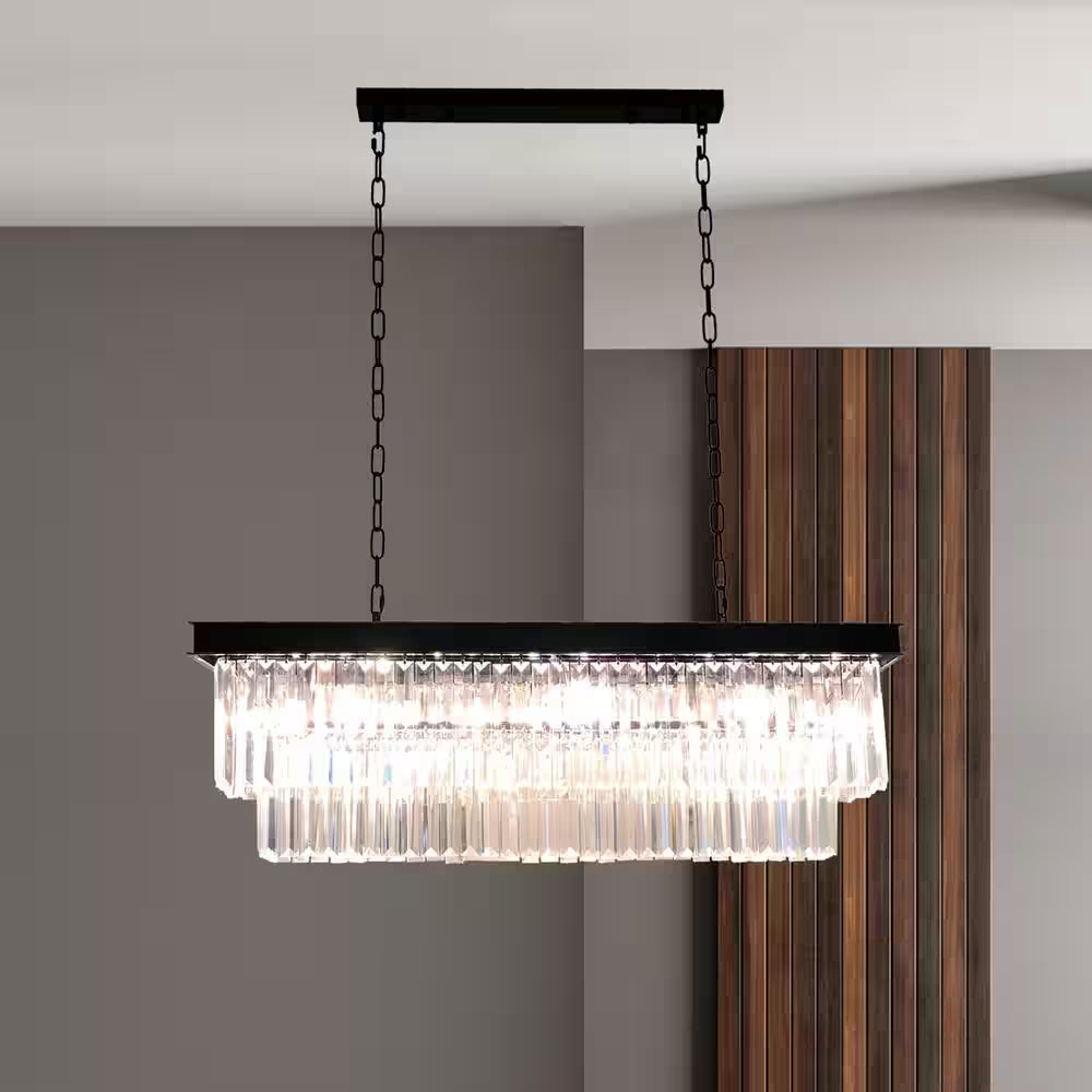 Modern 8-Light Rectangle Black Crystal Chandelier for Dinning Room