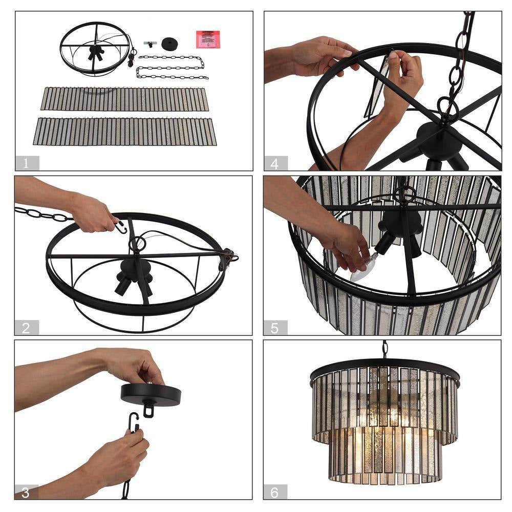 Hemera 4-Light Black Modern Drum Chandelier with 2-Tier Plated Mercury Glass Shade Living Room Silvered Hanging Light