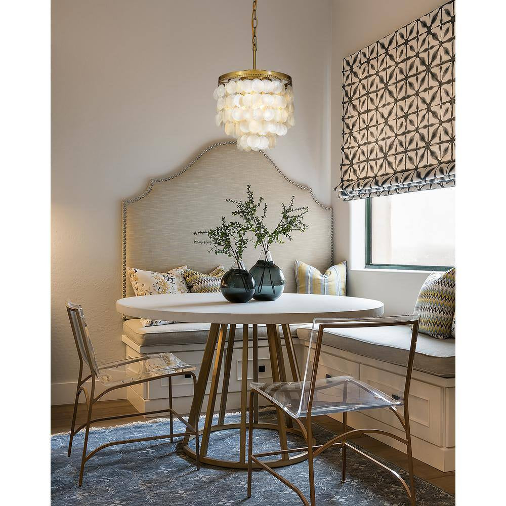3-Light 13 In. Small Coastal Seashell Chandelier in Paintd Brass Farmhouse Pendant Light for Dining Room