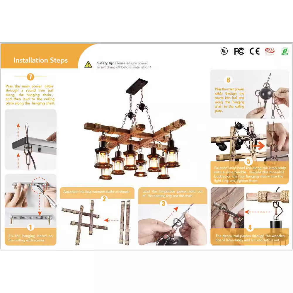 39 In. 8-Light Vintage Industrial Brown Wooden Farmhouse Chandelier