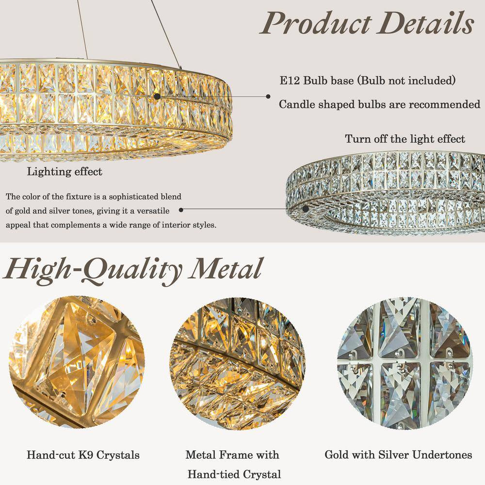 12-Light 31.5 In. W Modern and Contemporary Lighting Soft Gold Crystal Ring Chandelier for Dining Room