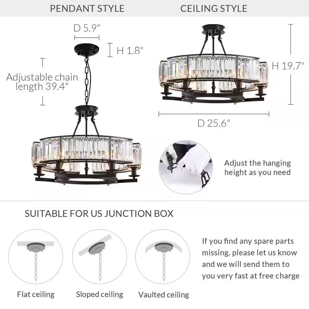 Modern Crystal Chandelier 26 In. 6-Light Black Drum Pendant Lighting Ceiling Semi Flush Mount
