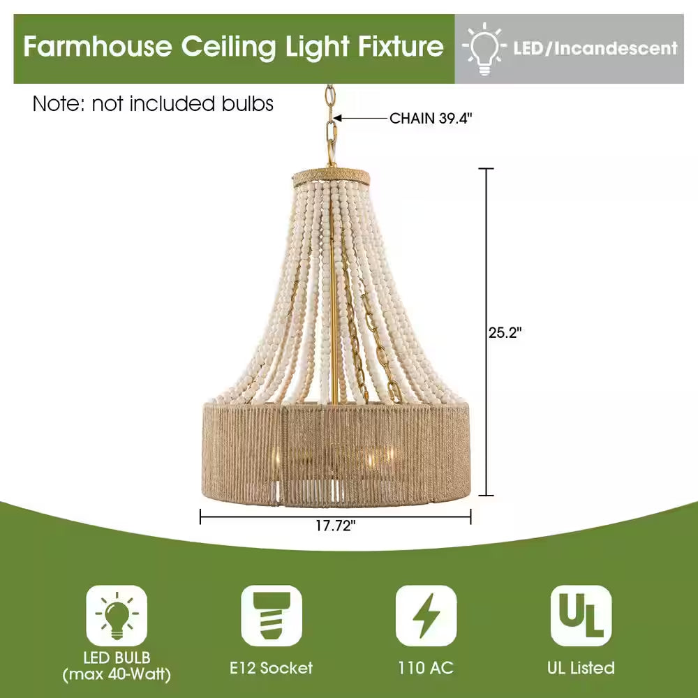 Farmhouse 17.7 In. 4-Light Antique Gold Empire Wood Beaded Chandelier with Jute Rope Shade