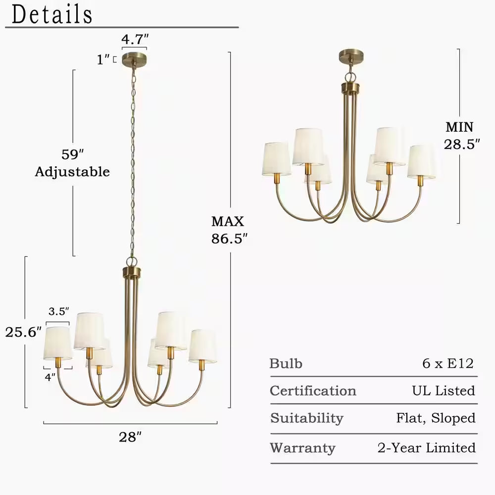 Transitional 28.5 In. 6-Light Plated Brass Sputnik Chandelier, Vintage Dining Room Chandelier with White Fabric Shade