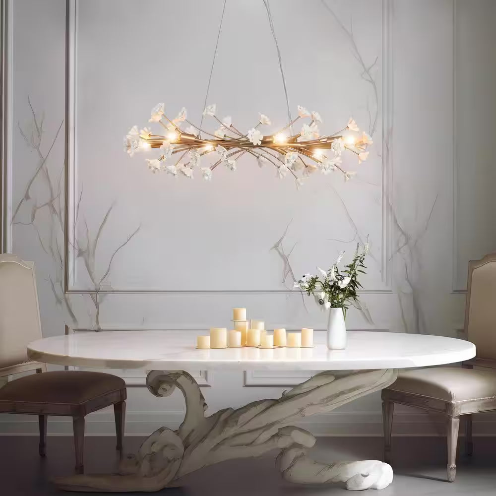 Modern Gold Bedroom Kitchen Chandelier Light, 32 In. 6-Light Linear Dining Room Hanging Light with White Ceramic Flowers