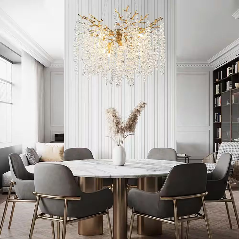 24" 8-Light Modern Crystal Chandelier, Gold Tree Branch round Chandelier for Dining Room, Living Room, Bedroom, Entryway