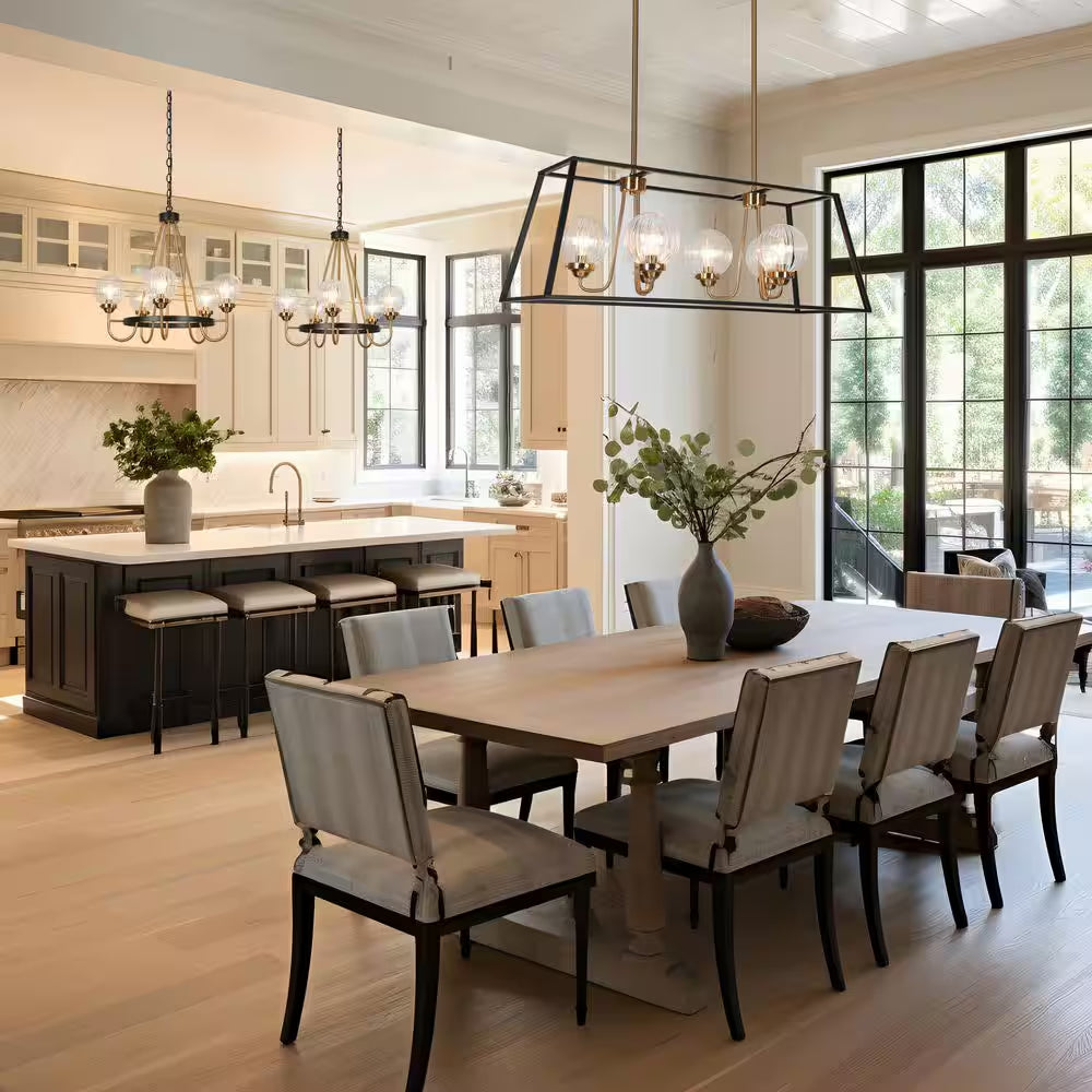 5-Light Brass Chandelier Lighting, Sputnik Pendant Lights for Kitchen Island, Modern Black Chandelier with round Glasses
