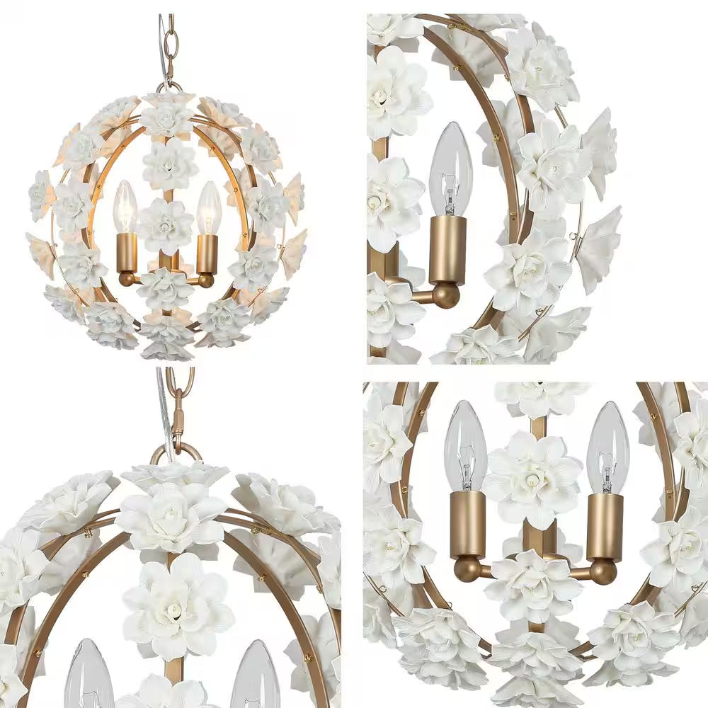 3-Light Gold Globe Chandelier with White Ceramic Flowers