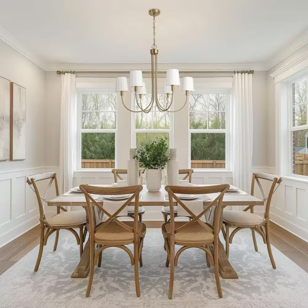 Transitional 28.5 In. 6-Light Plated Brass Sputnik Chandelier, Vintage Dining Room Chandelier with White Fabric Shade
