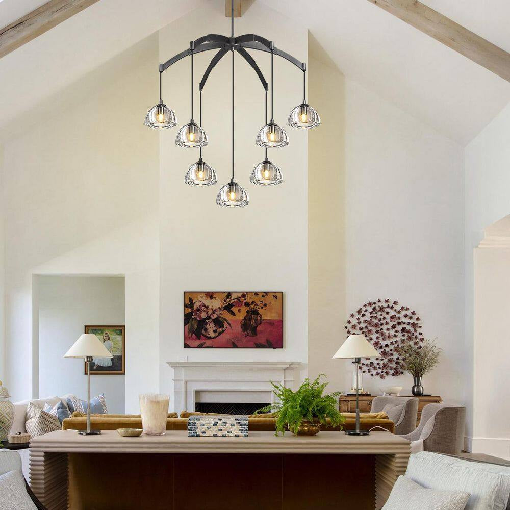 7 Light Hemisphere round Chandelier, 34 In. Black Dining Room Chandelier,Staircase Bedroom Chandelier, Modern Chandelier