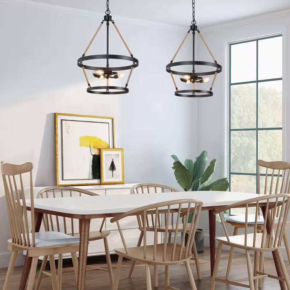 Black Chandelier Drum Candlestick 3-Light Industrial Farmhouse Island Cage Hanging Pendant Light with Ropes