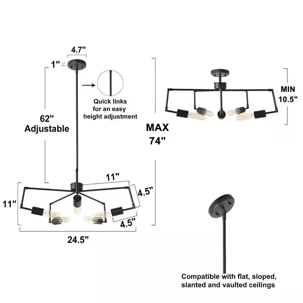Modern Industrial Island Chandelier Lights, 5-Light Black Transitional Geometric Chandelier with Adjustable Lamp Arms