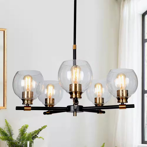 Transitional Sputnik Dining Room Chandelier 5-Light Modern Black and Gold Candle Chandelier with Seeded Glass Shades