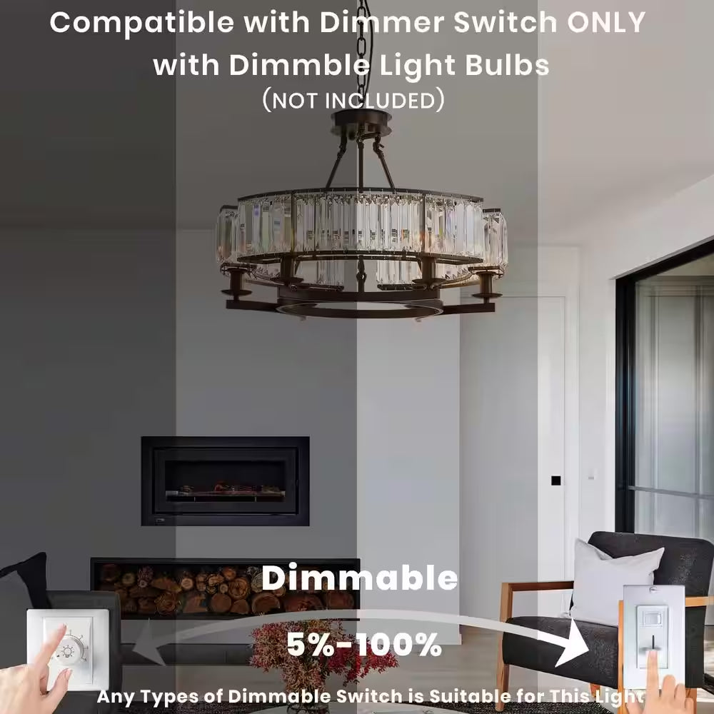 Modern Crystal Chandelier 26 In. 6-Light Black Drum Pendant Lighting Ceiling Semi Flush Mount