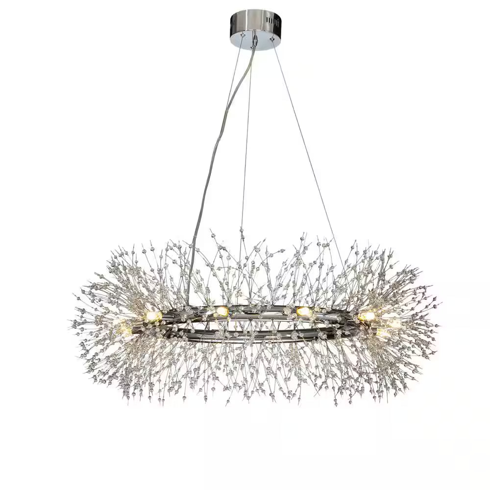 39 In. 12-Light Modern Firework Chrome Crystal Chandelier Glam round Pendant Light for Dining Room (No Bulbs Included)