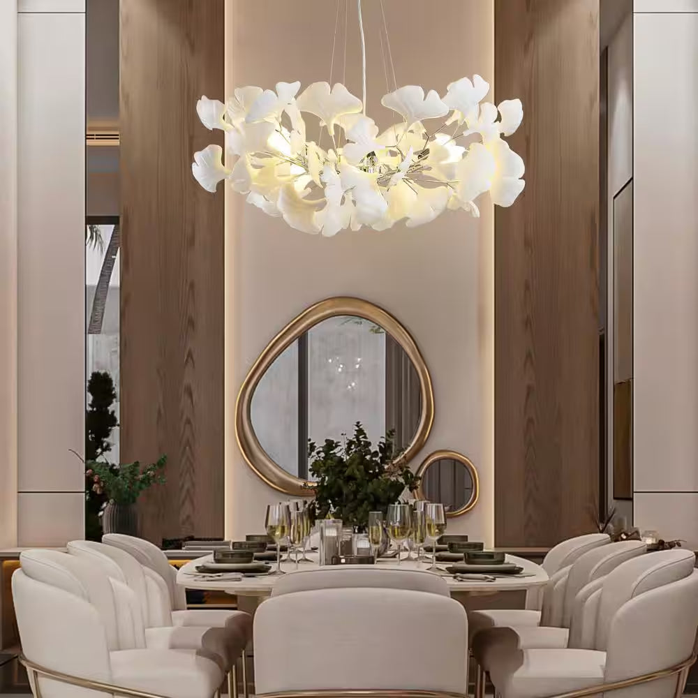 6 Light Silver Chandelier, Luxury Ginkgo Branch Chandelier for Living Room, Dining Room, Foyer, Kitchen Island-L31 In.