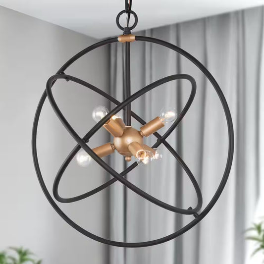 6-Light Black and Brass Globe Chandelier for Dining Room