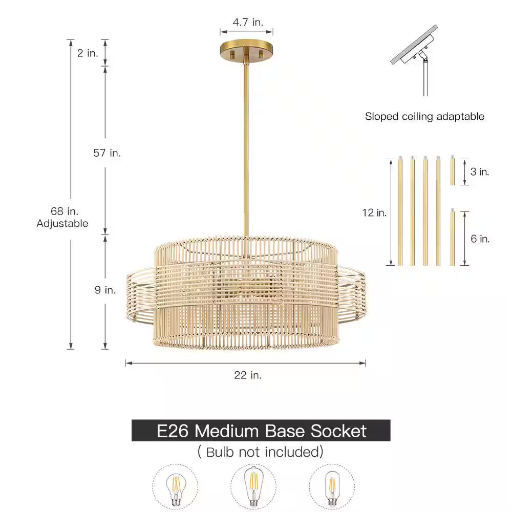 Saturn 22 In. 4-Light Brass Modern Bohemian Chandelier with Natural Rattan Shade