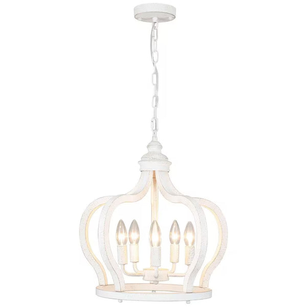 5-Light Vintage White Cottage Chic Crown Chandelier Farmhouse Wooden Pendant