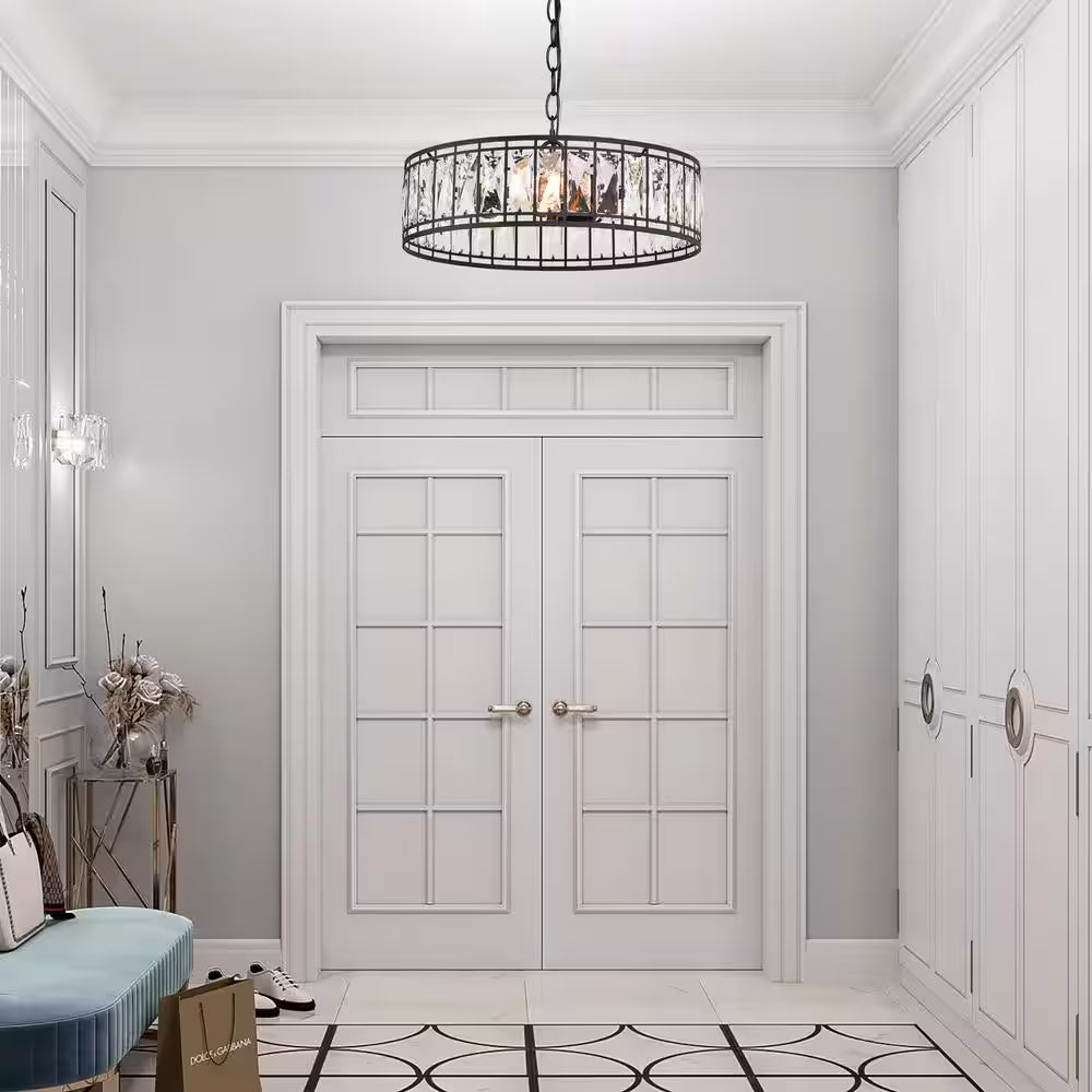 Cristallo 15.5 in 3-Light Modern Black Chandelier with Glam Crystal Shade Transitional Empire Dining Room Island Pendant