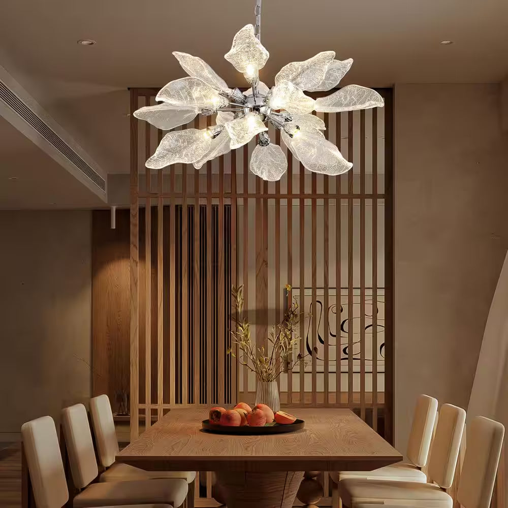D31.5 In. 18-Light Silver Modern Chandelier, Crystal Leaf Chandelier for Bedroom, Dining Room, Living Room, Foyer