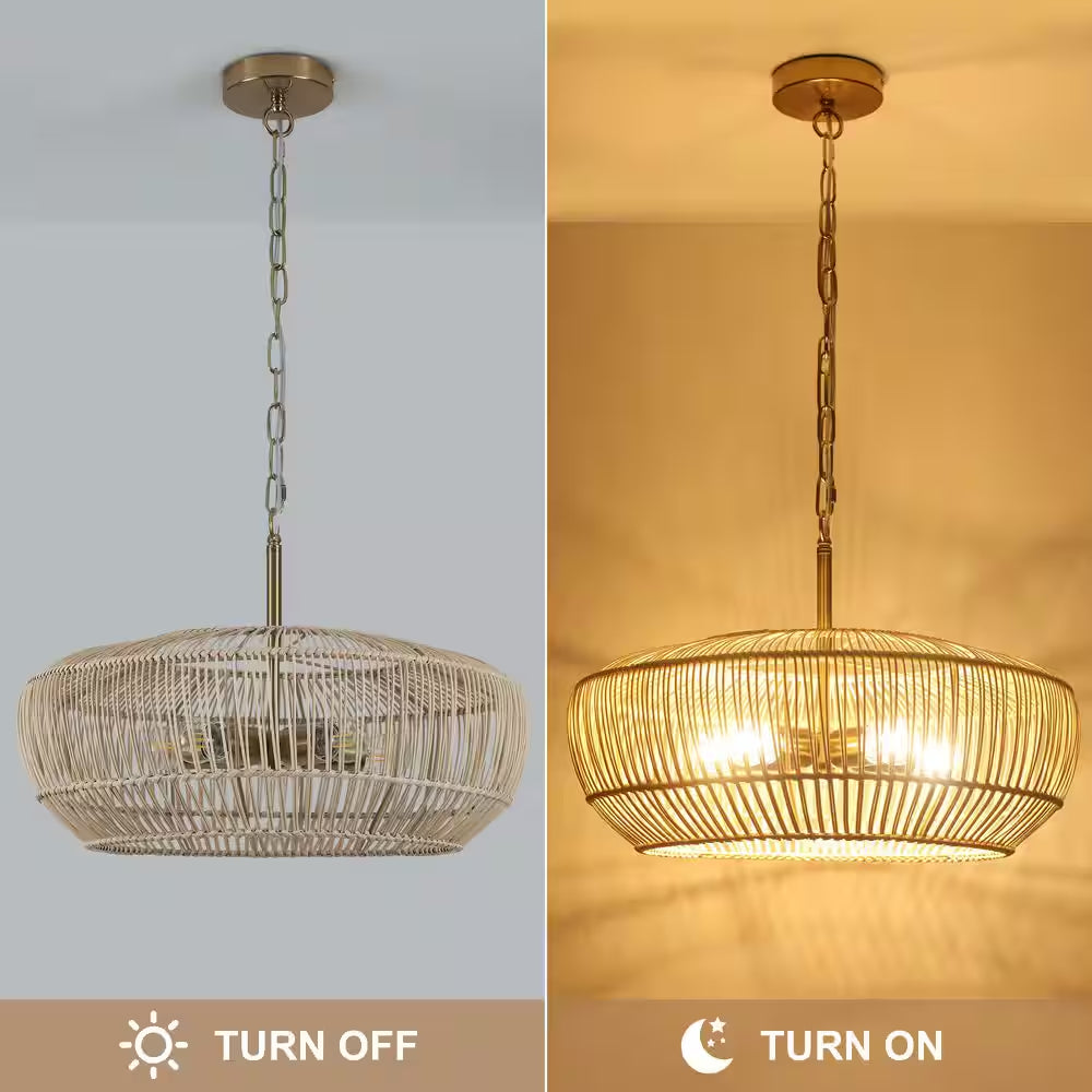 5-Light Gold Modern Bohemian Rattan Chandelier Light with Woven Shade