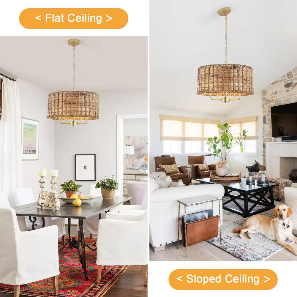 5-Light Gold Drum Bohemian Chandelier with Hand Woven Shade