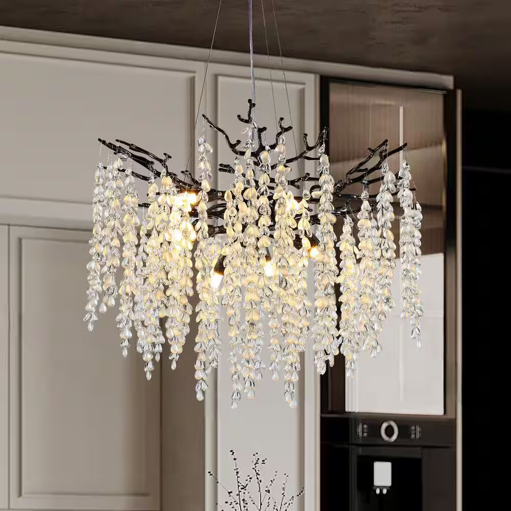 24" 8-Light Modern Crystal Chandelier Black Tree Branch round Chandelier for Dining Room, Living Room, Bedroom, Entryway