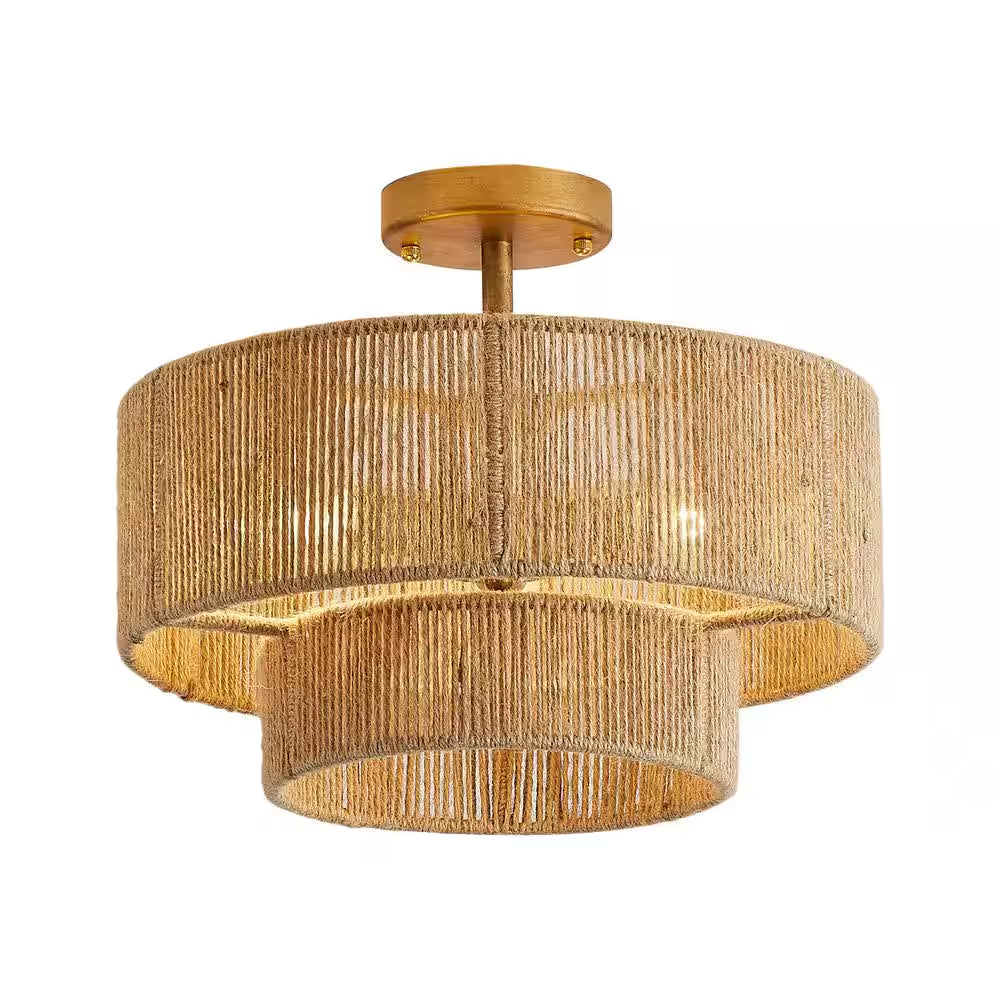 15.4 In. 3-Light Bohemian Antique Gold Two-Tier Drum Semi- Flush Mount with Natural Jute Rope Shade