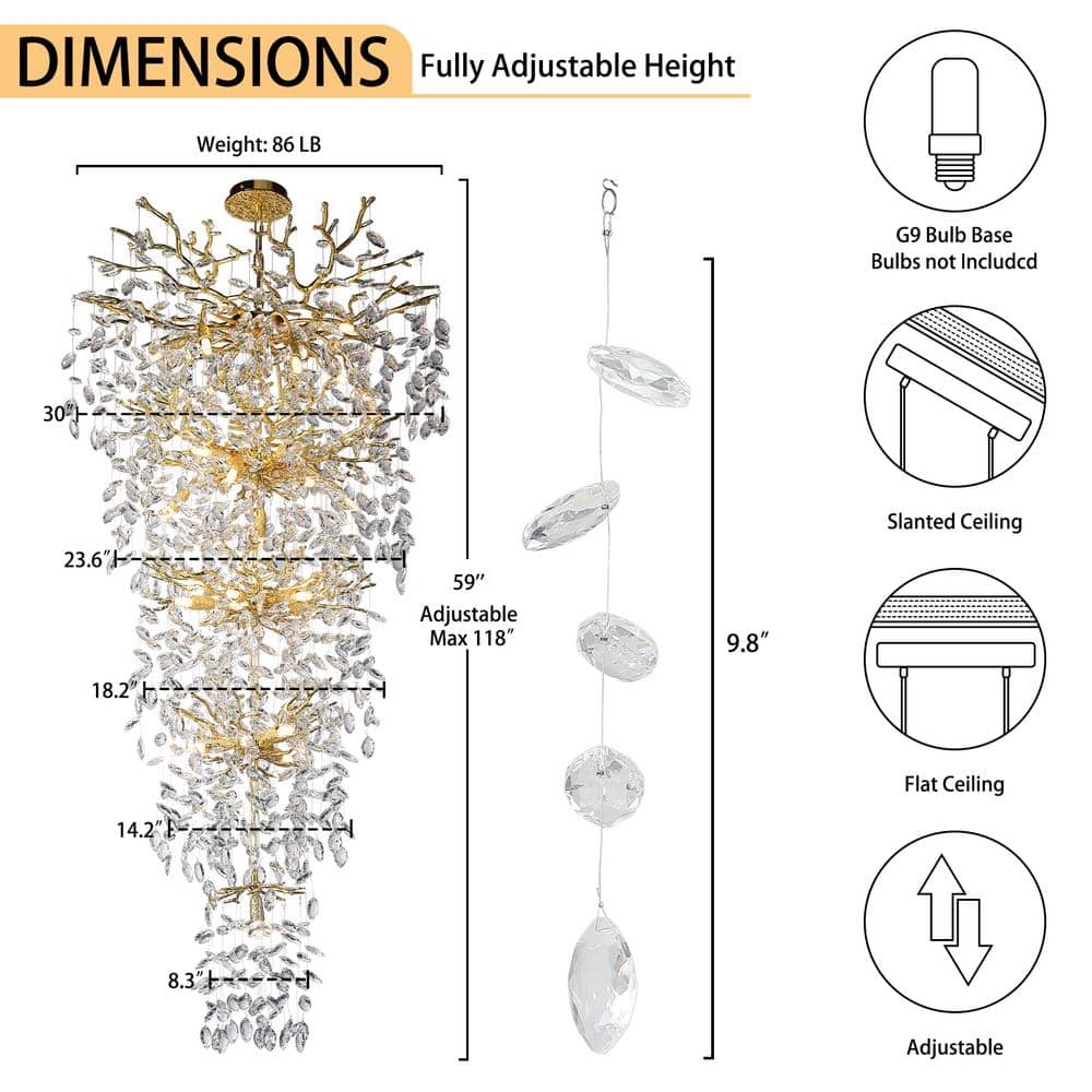 Modern Chandelier 118 In. 28-Light Crystal Gold Chandelier for Foyer, Living Room, Multiple Tiers Chandelier