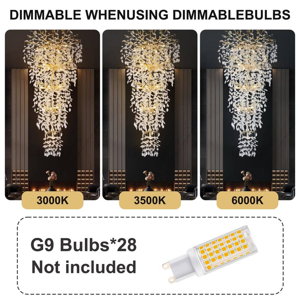 Modern Chandelier 118 In. 28-Light Crystal Gold Chandelier for Foyer, Living Room, Multiple Tiers Chandelier