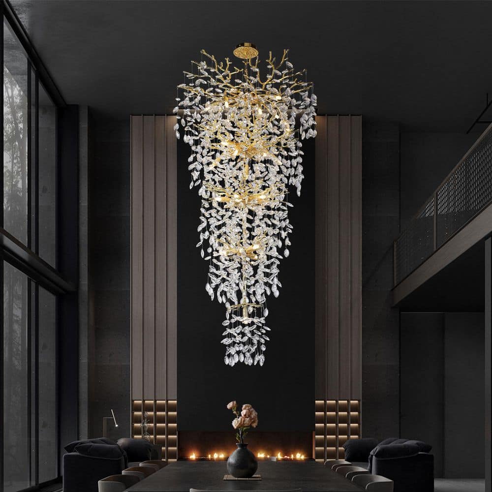 Modern Chandelier 118 In. 28-Light Crystal Gold Chandelier for Foyer, Living Room, Multiple Tiers Chandelier