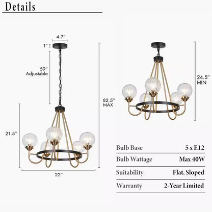 5-Light Brass Chandelier Lighting, Sputnik Pendant Lights for Kitchen Island, Modern Black Chandelier with round Glasses