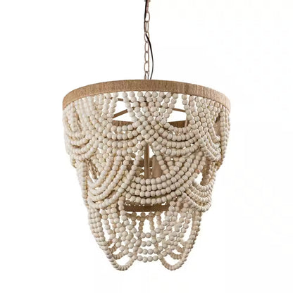 Modern Boho Dining Room Chandelier 4-Light Distressed White Island Chandelier with Wood Beads and Rope