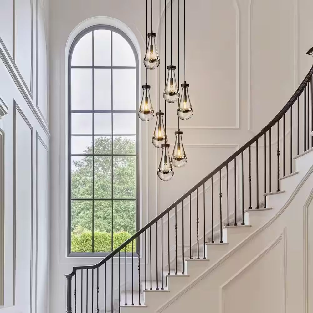 Farmhouse Chandelier 100 In. H 7-Lights Raindrop Black Chandelier for Staircase, Foyer, Living Room, Bulb Included